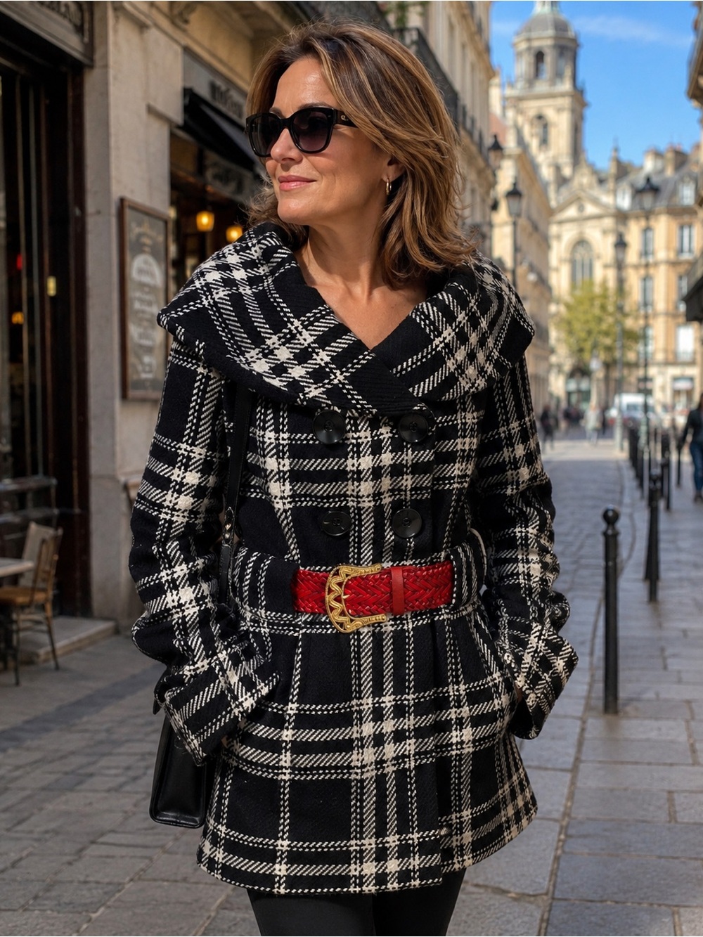 Striking plaid winter coat with cool red belt
